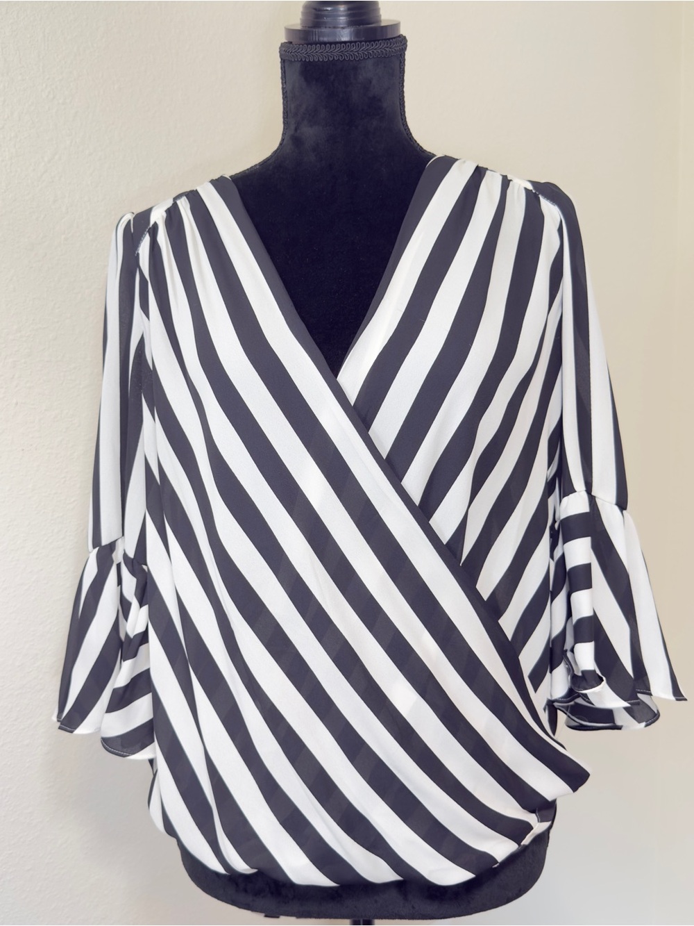 INC International Concepts Black and White Diagonal Stripe Wrap Blouse